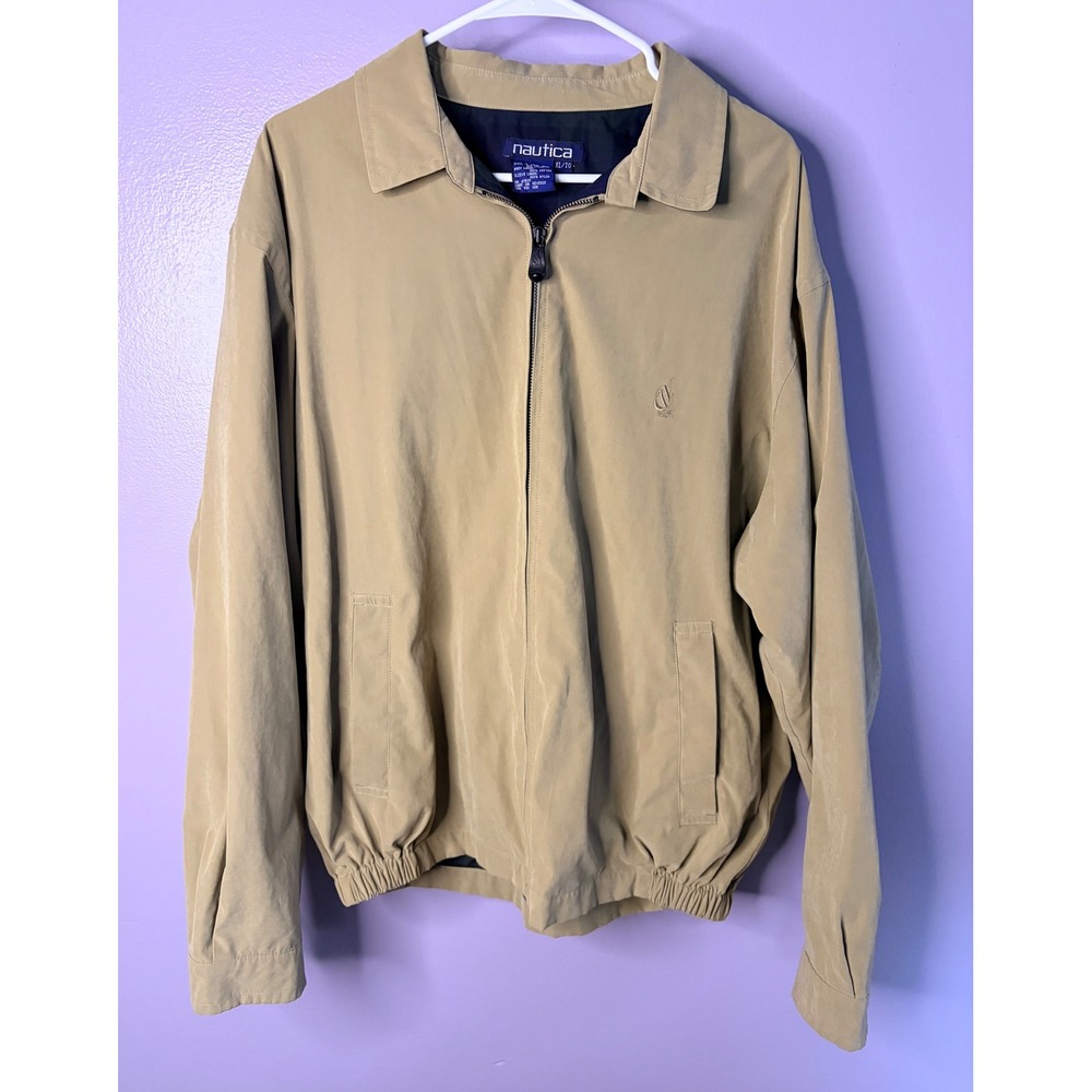 Vtg Nautica Mens XL Khaki Tan Full Zip Windbreaker Jacket Harrington Plaid Lined